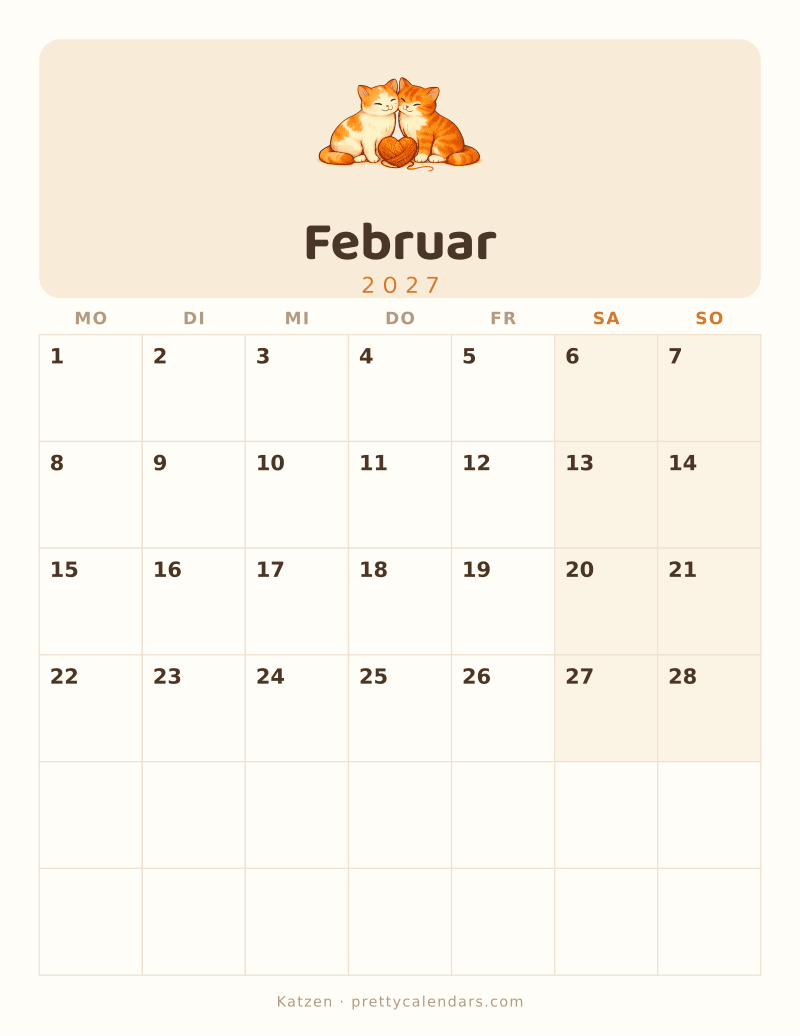 Druckbarer Kalender Februar 2027, Design Katzen