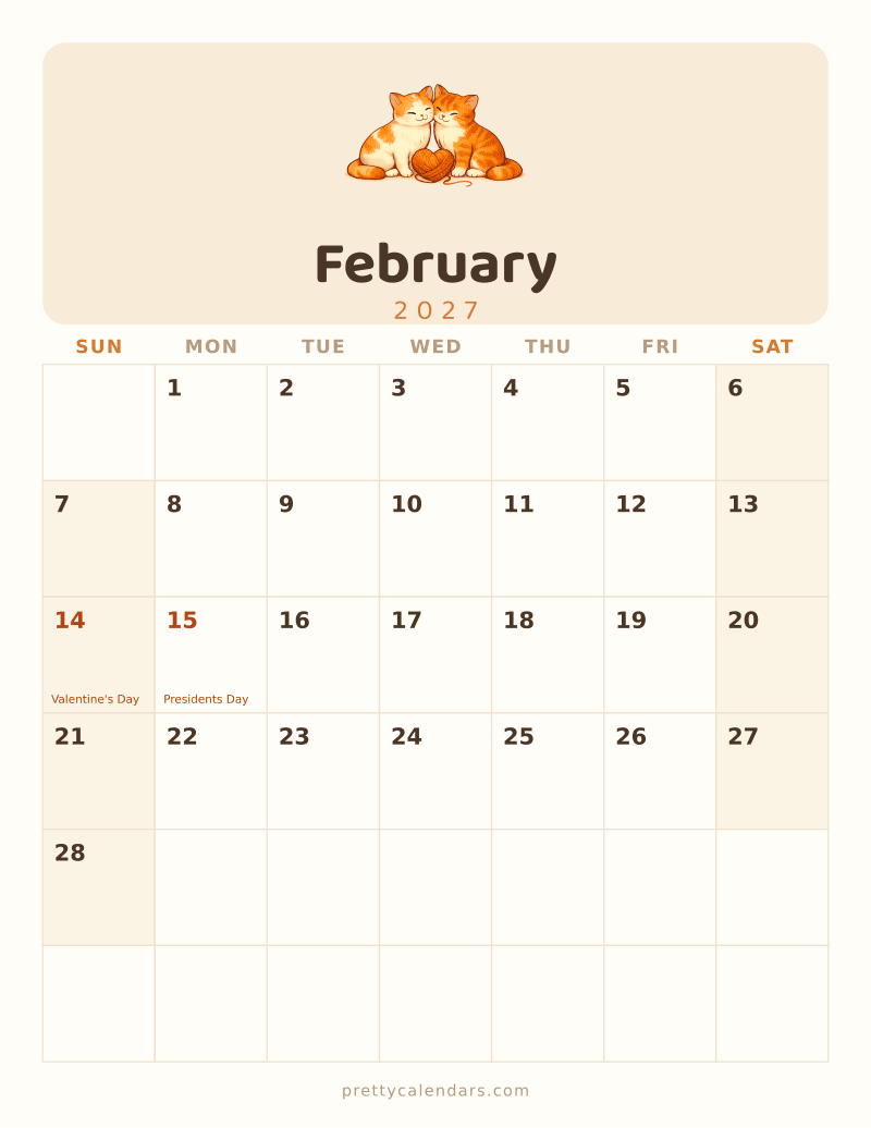 February 2027 printable calendar, Cat style