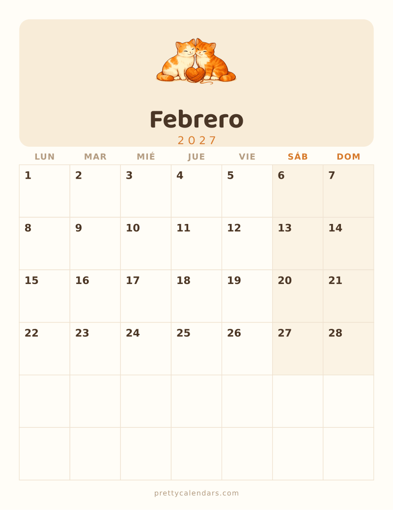 Calendario de Febrero 2027 para imprimir, estilo Gatos