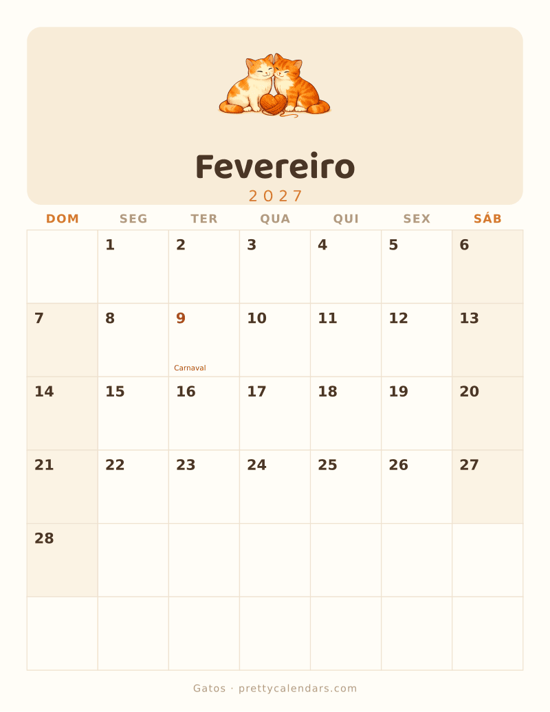 Calendário de Fevereiro de 2027 para imprimir, estilo Gatos