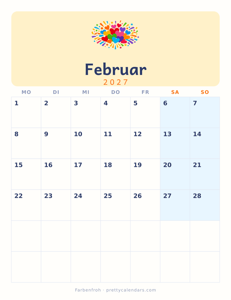 Druckbarer Kalender Februar 2027, Design Farbenfroh