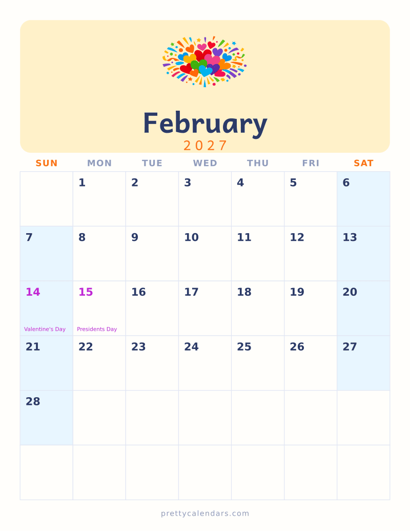 February 2027 printable calendar, Colorful style