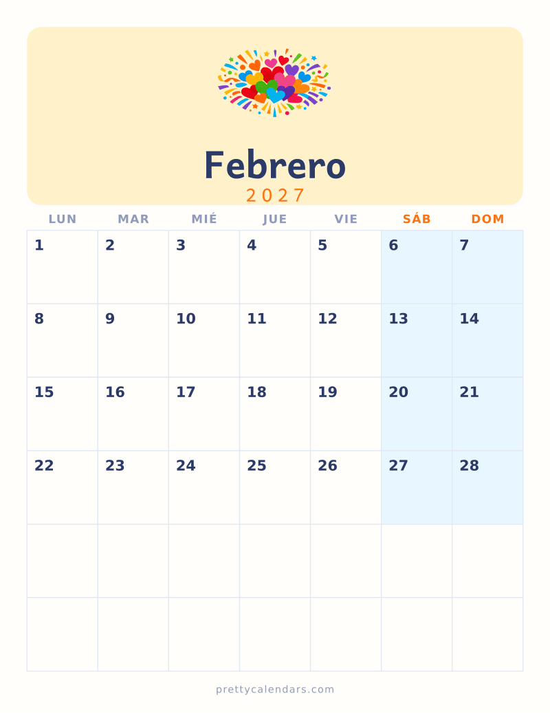 Calendario de Febrero 2027 para imprimir, estilo Colorido