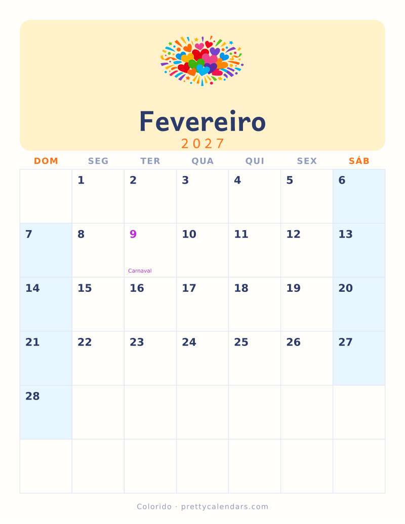 Calendário de Fevereiro de 2027 para imprimir, estilo Colorido