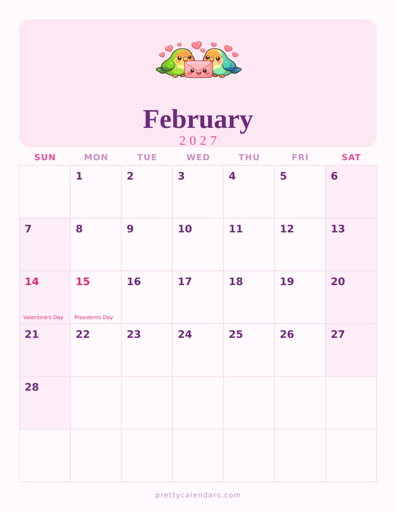 February 2027 printable calendar, Cute style