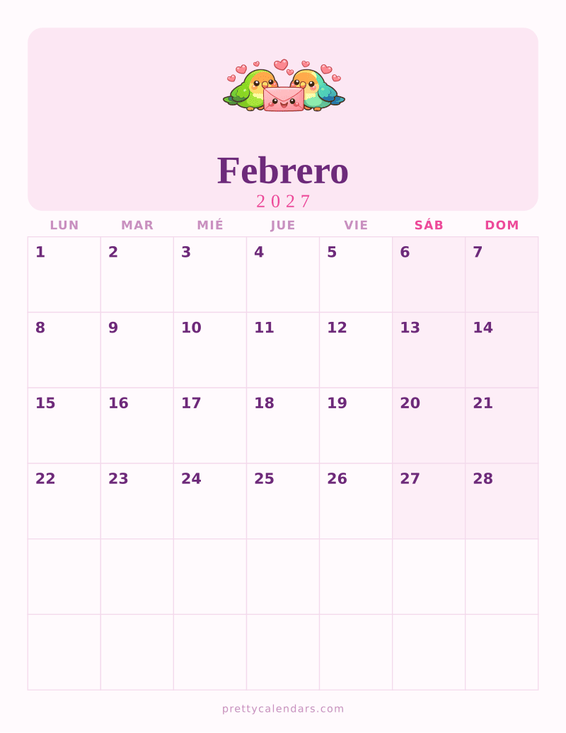 Calendario de Febrero 2027 para imprimir, estilo Bonito