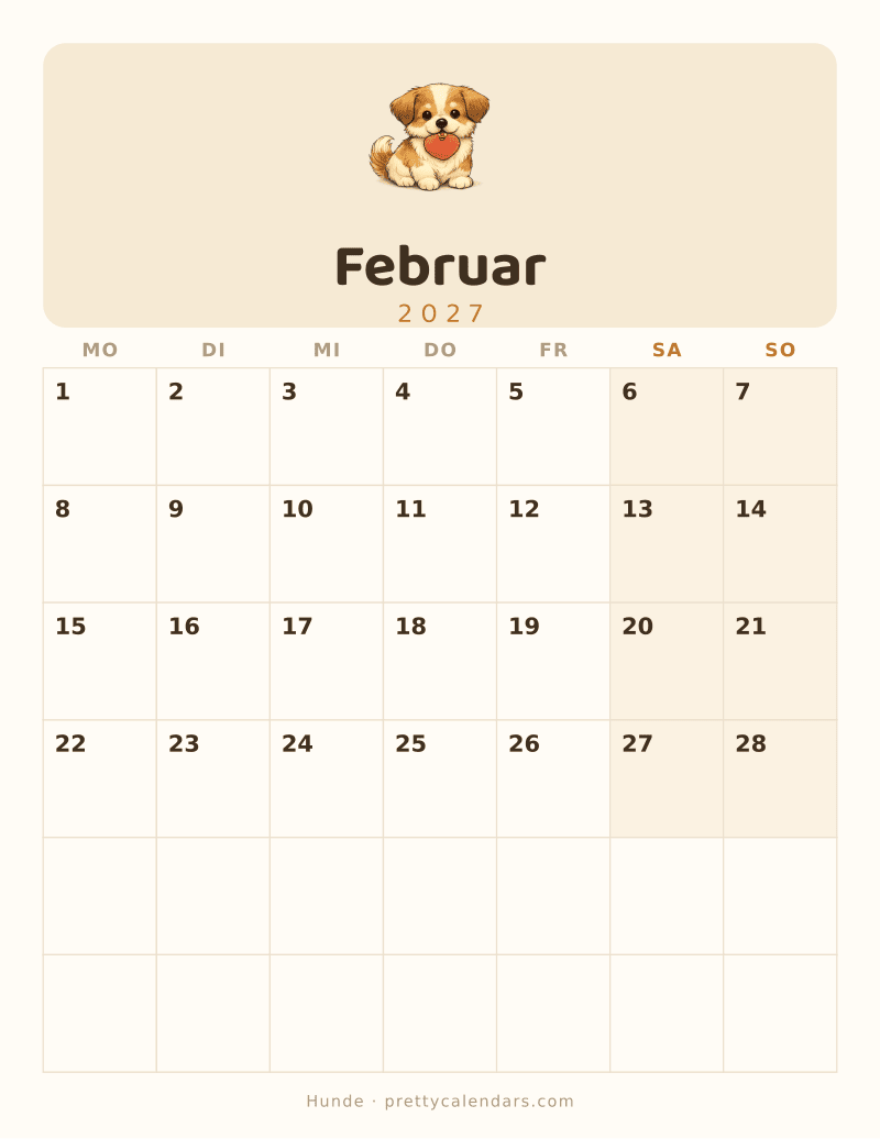 Druckbarer Kalender Februar 2027, Design Hunde