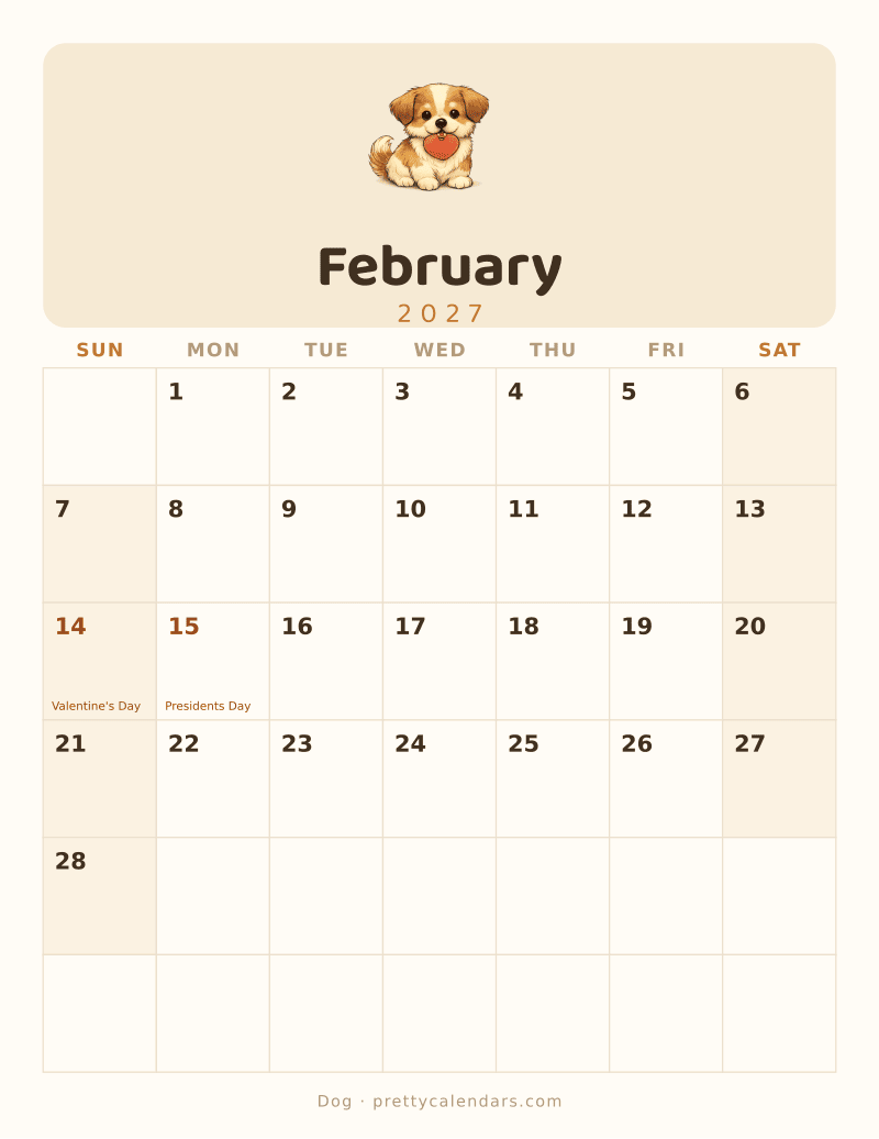 February 2027 printable calendar, Dog style