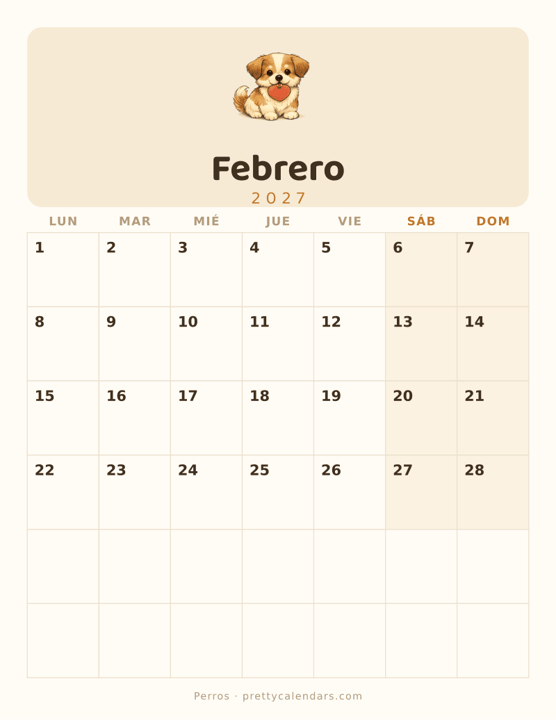 Calendario de Febrero 2027 para imprimir, estilo Perros