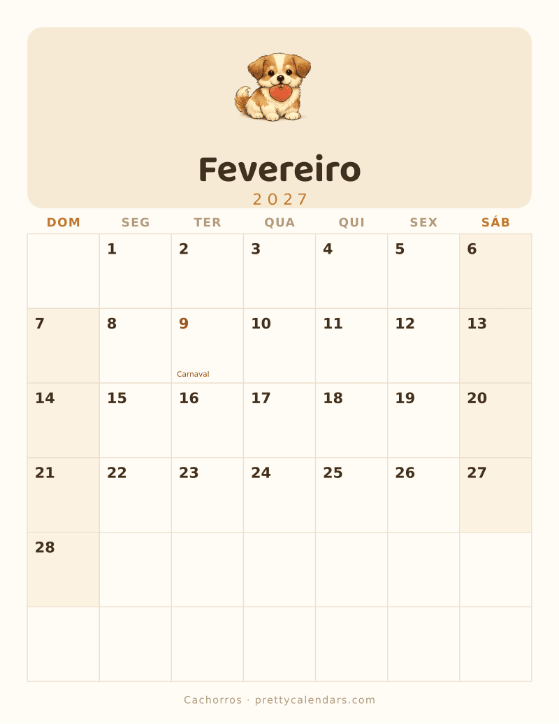 Calendário de Fevereiro de 2027 para imprimir, estilo Cachorros