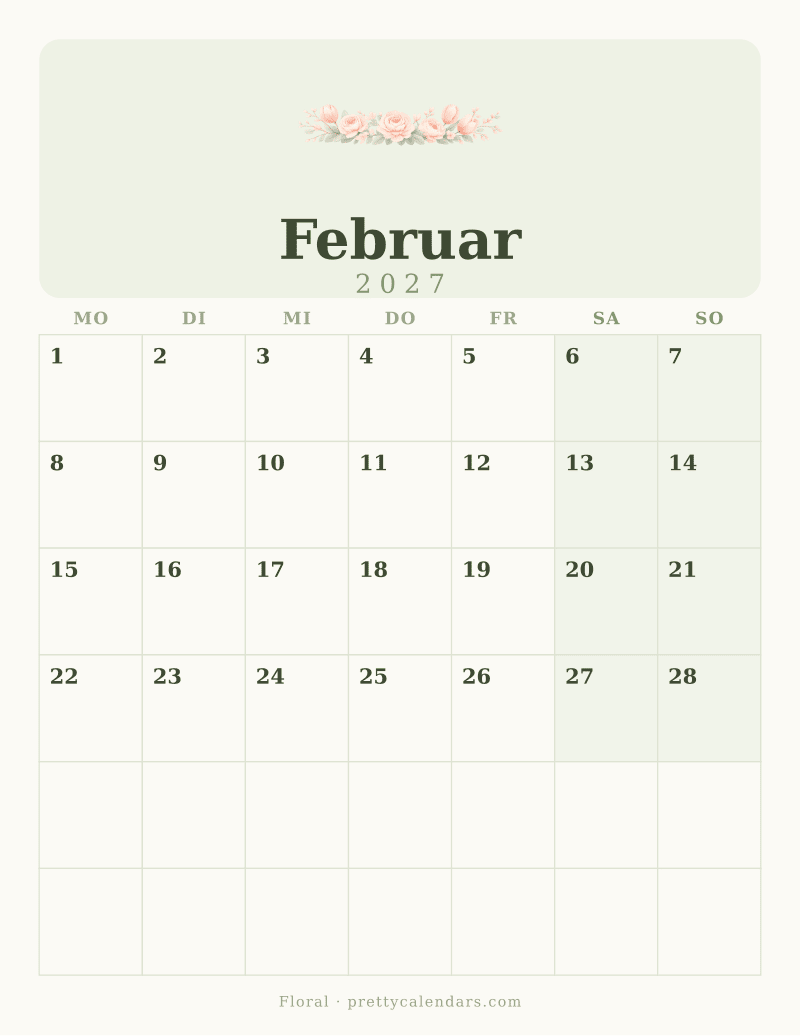 Druckbarer Kalender Februar 2027, Design Floral