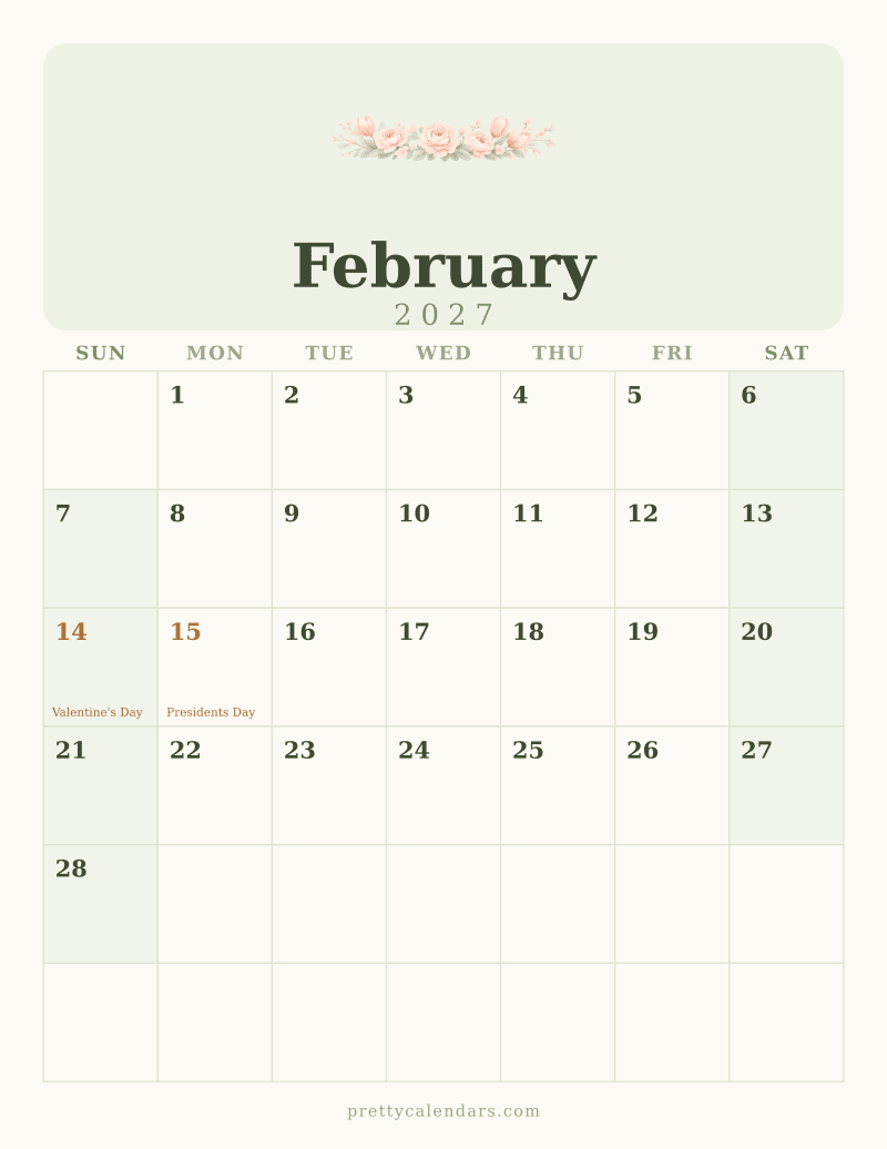 February 2027 printable calendar, Floral style