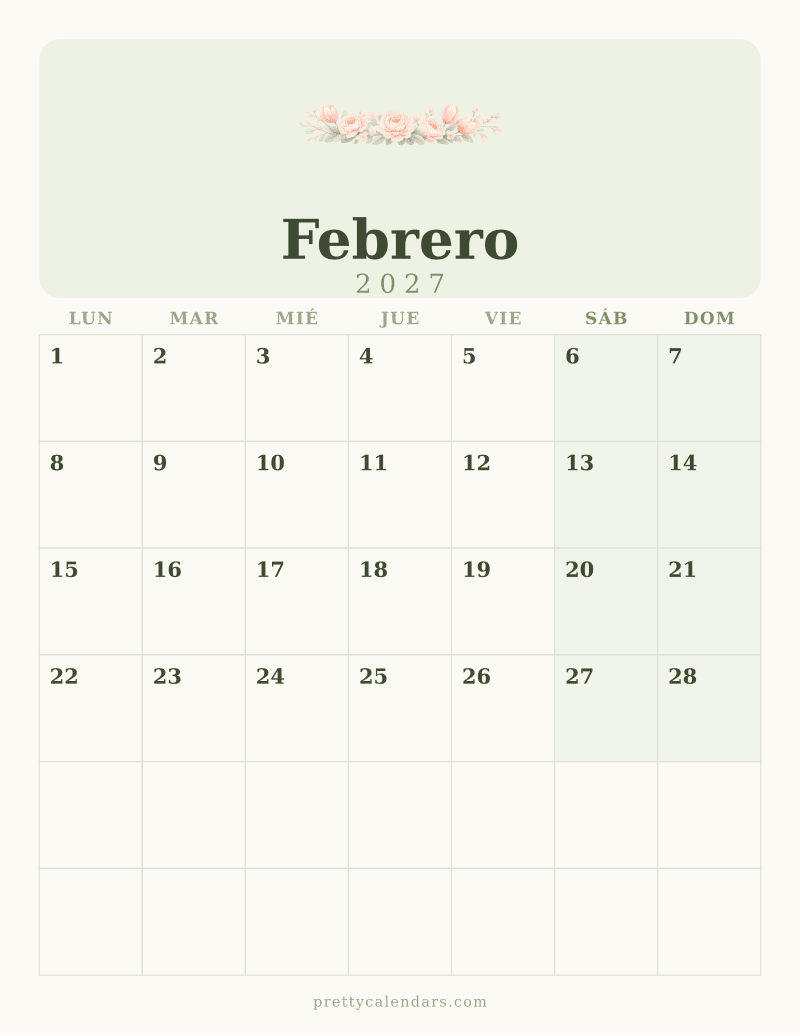 Calendario de Febrero 2027 para imprimir, estilo Floral