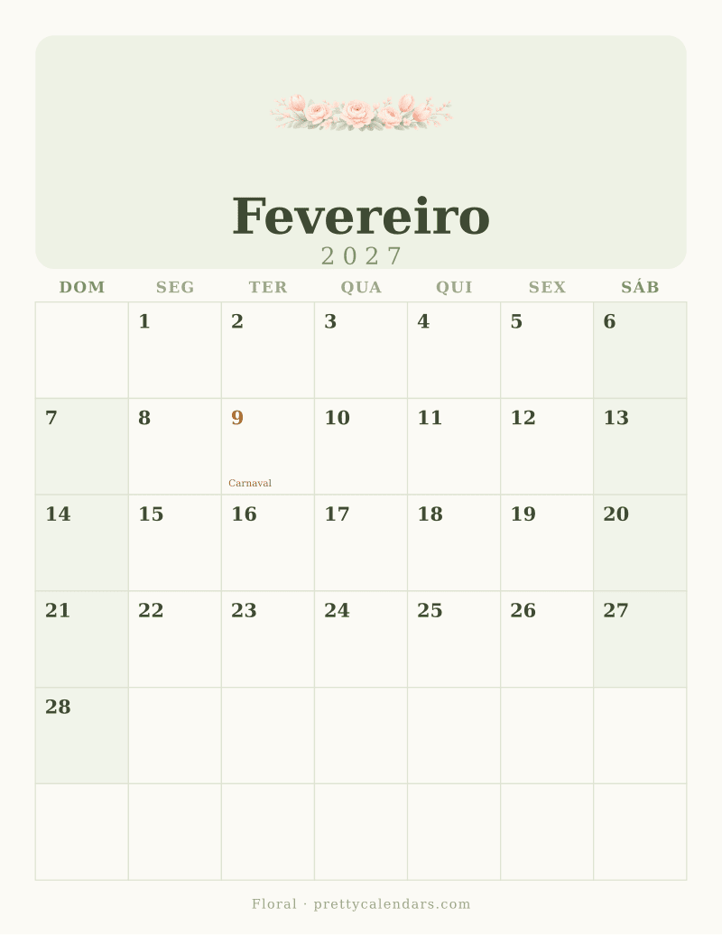 Calendário de Fevereiro de 2027 para imprimir, estilo Floral