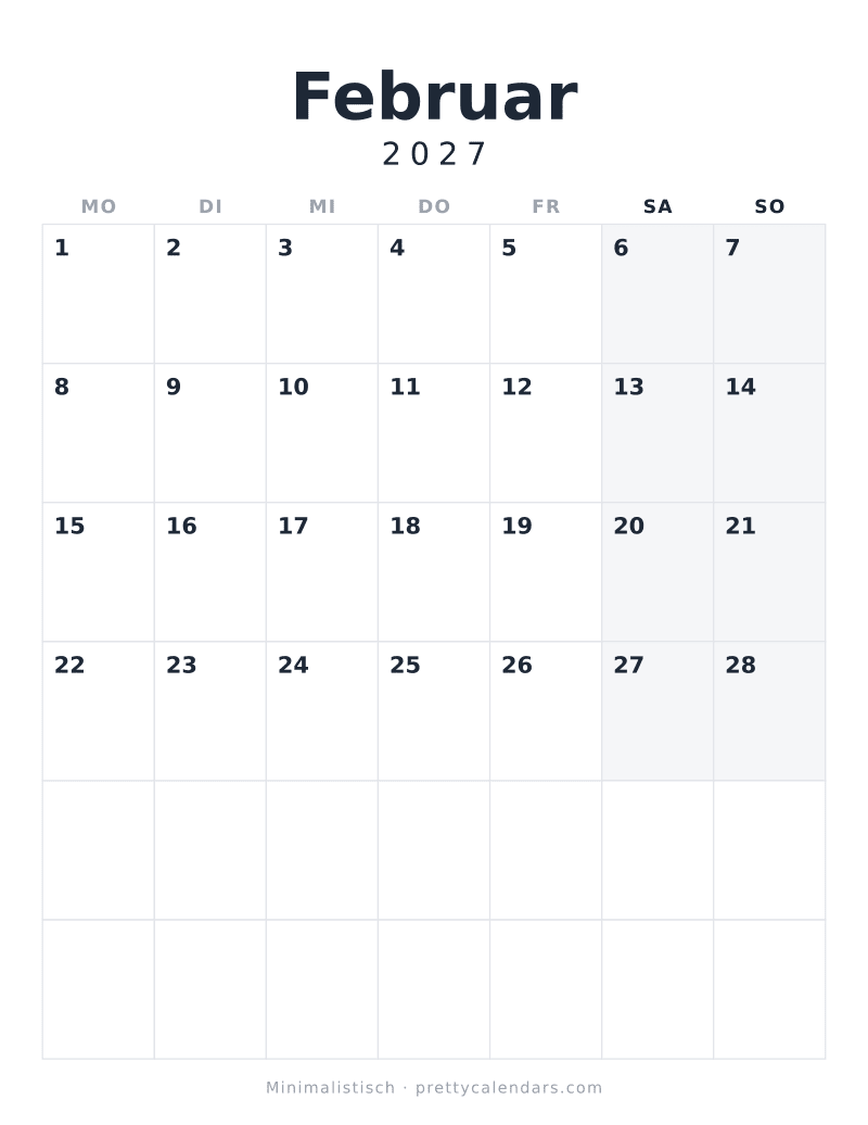 Druckbarer Kalender Februar 2027, Design Minimalistisch