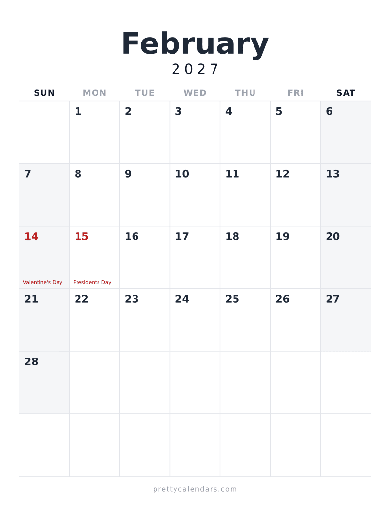 February 2027 printable calendar, Minimalist style