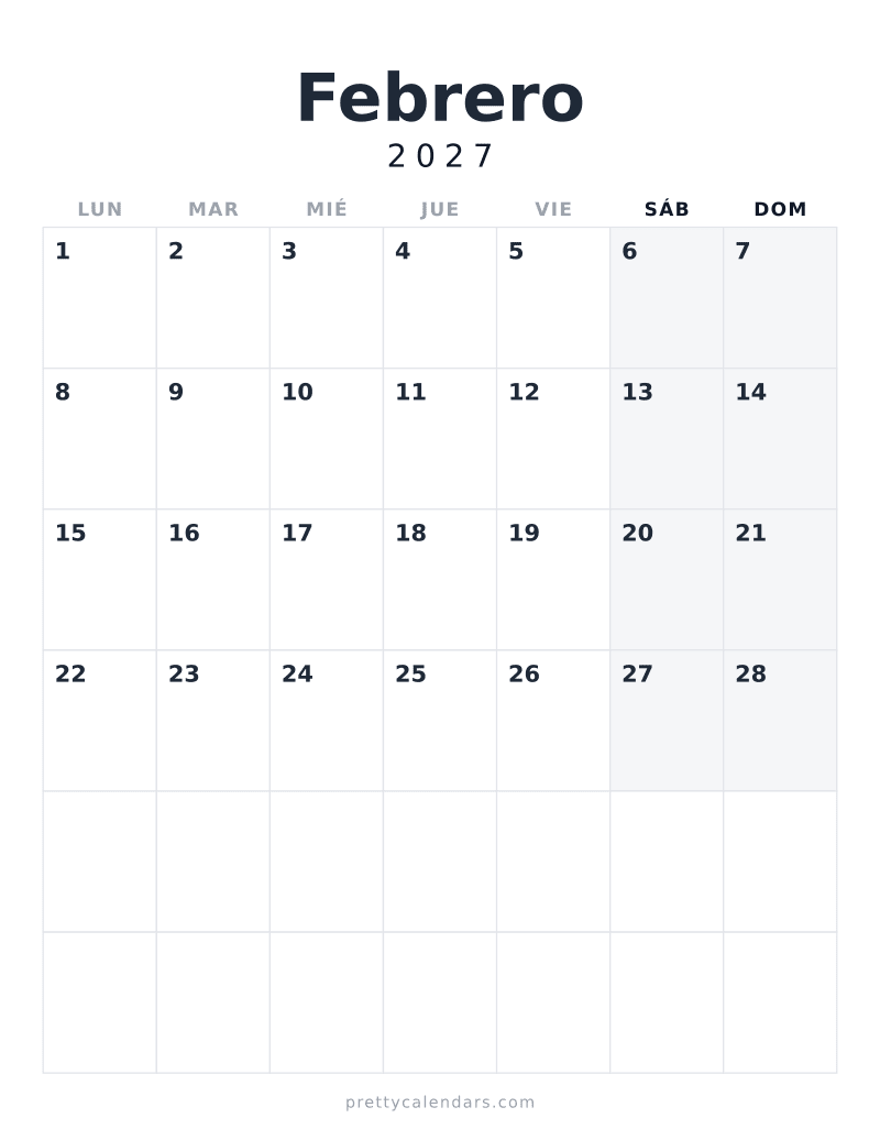 Calendario de Febrero 2027 para imprimir, estilo Minimalista