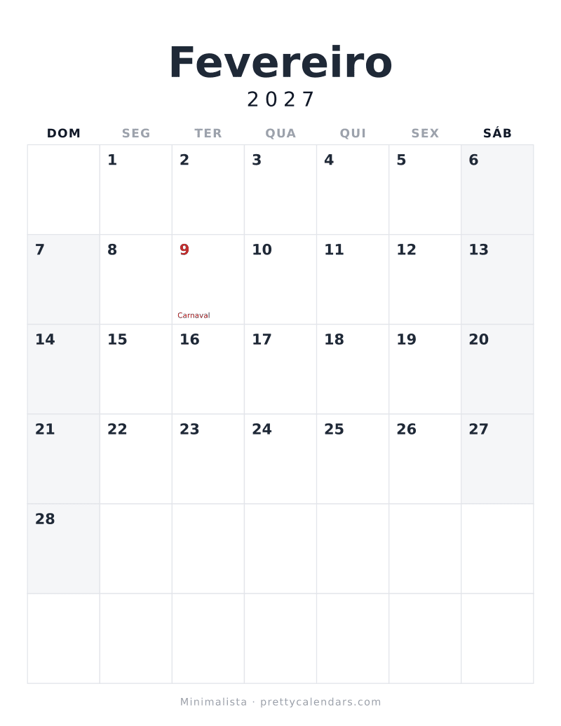 Calendário de Fevereiro de 2027 para imprimir, estilo Minimalista