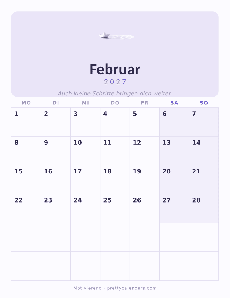 Druckbarer Kalender Februar 2027, Design Motivierend
