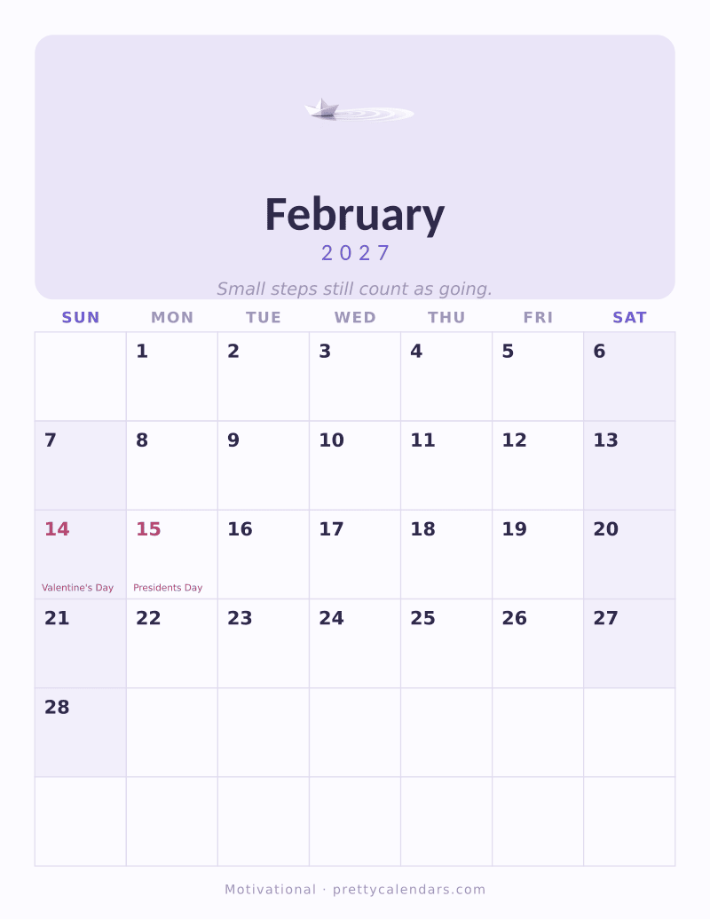 February 2027 printable calendar, Motivational style