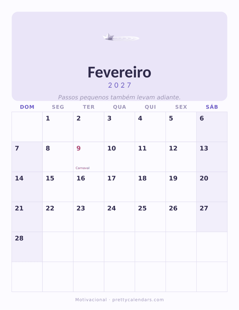 Calendário de Fevereiro de 2027 para imprimir, estilo Motivacional