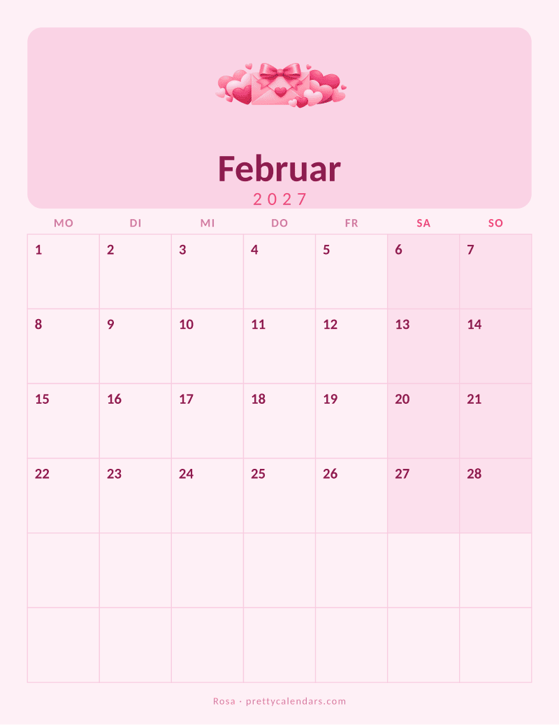 Druckbarer Kalender Februar 2027, Design Rosa