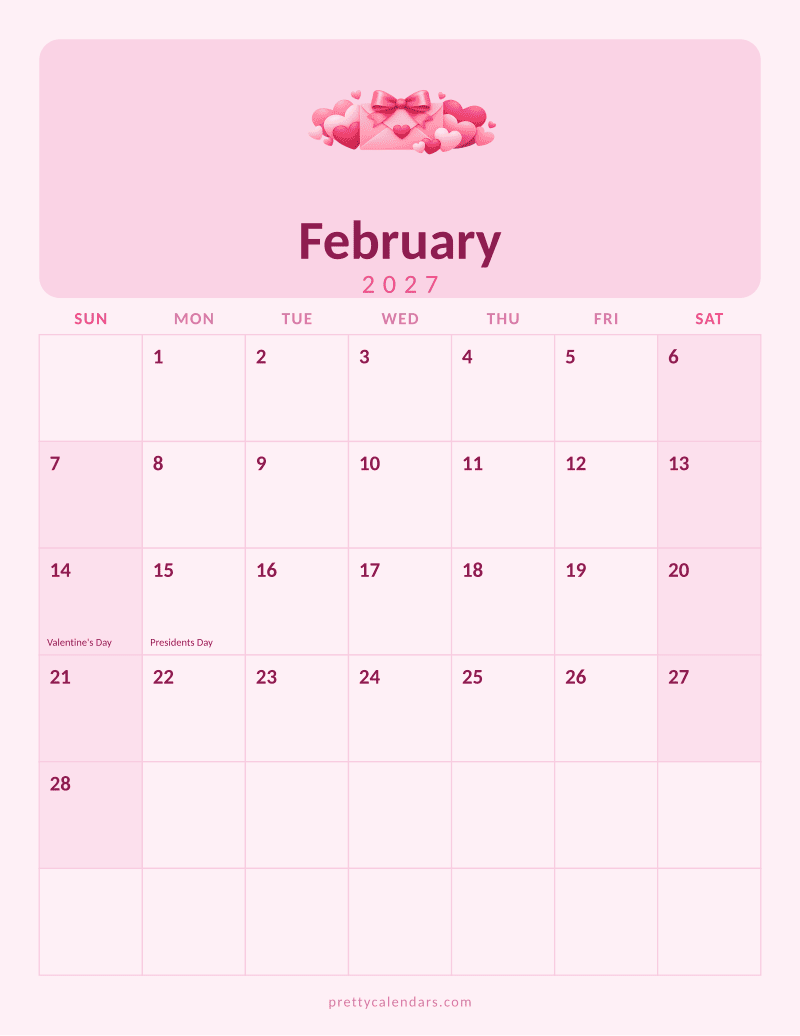 February 2027 printable calendar, Pink style