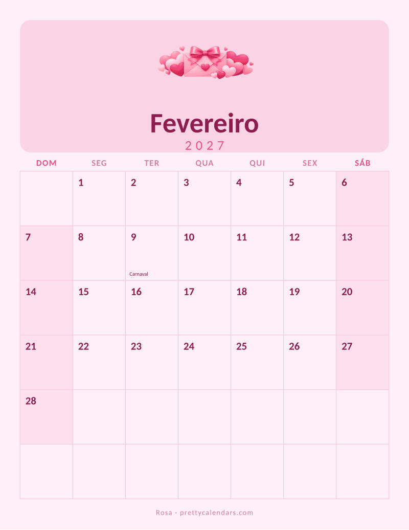 Calendário de Fevereiro de 2027 para imprimir, estilo Rosa