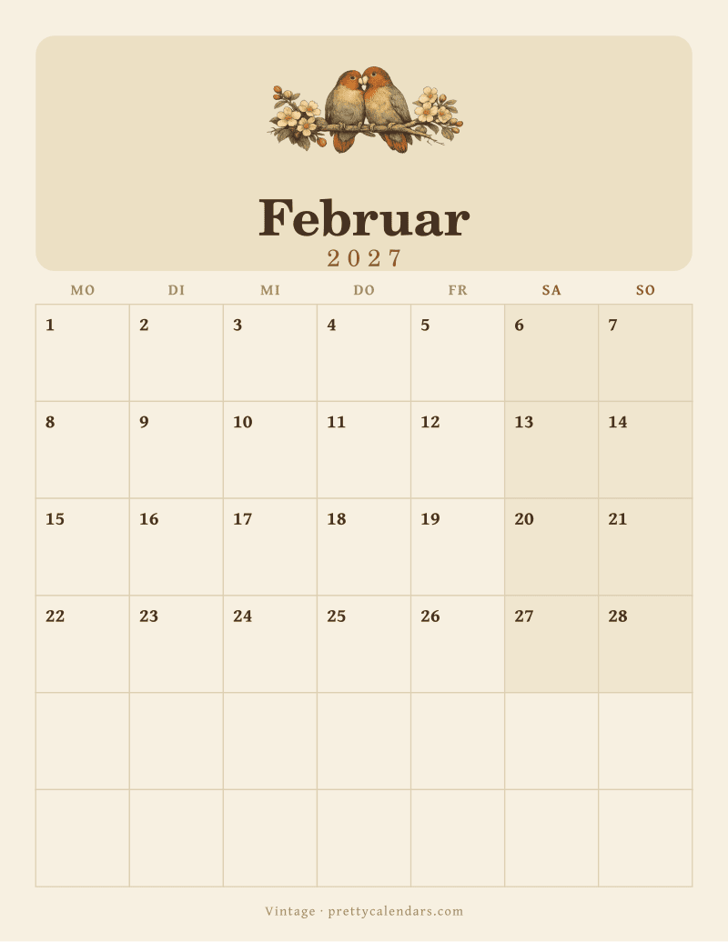 Druckbarer Kalender Februar 2027, Design Vintage