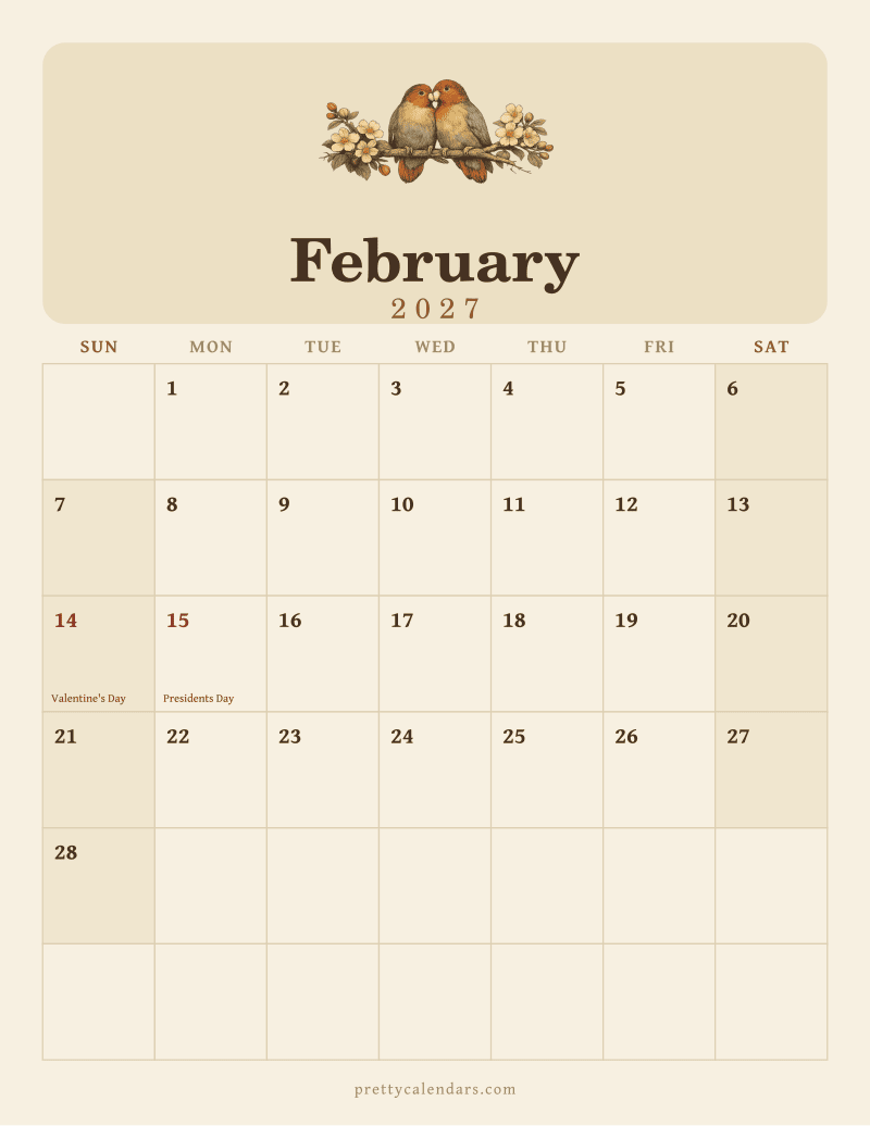 February 2027 printable calendar, Vintage style