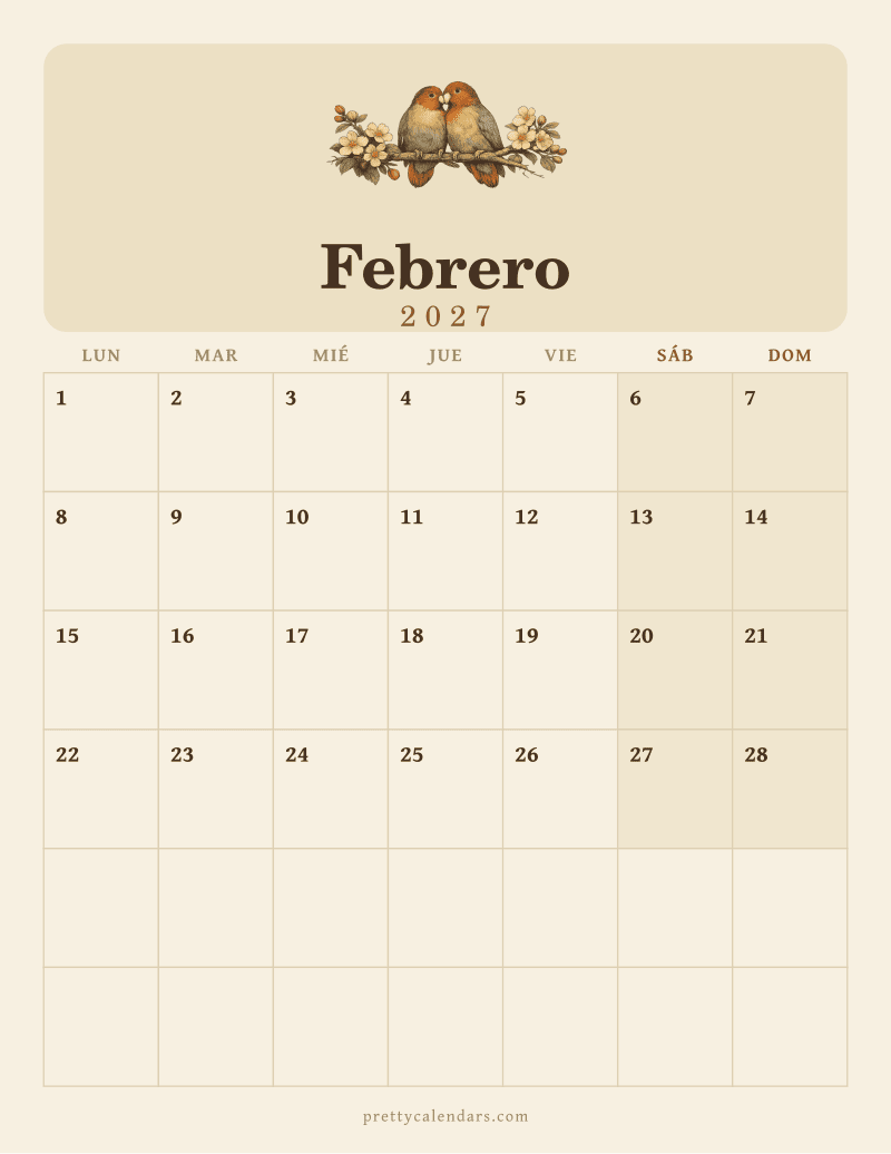 Calendario de Febrero 2027 para imprimir, estilo Vintage