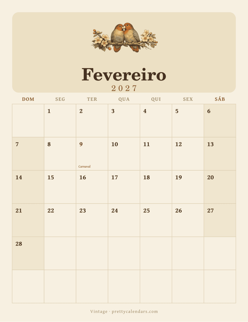 Calendário de Fevereiro de 2027 para imprimir, estilo Vintage