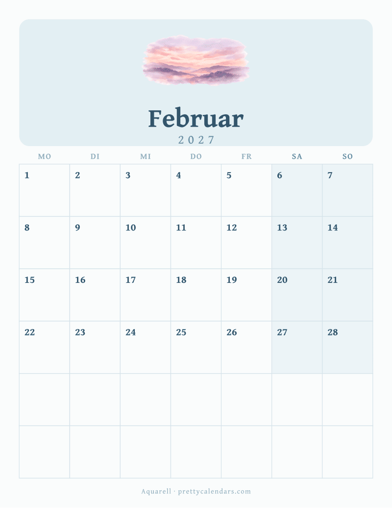 Druckbarer Kalender Februar 2027, Design Aquarell