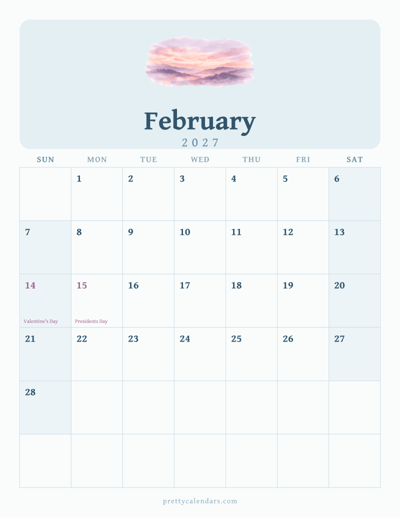 February 2027 printable calendar, Watercolor style
