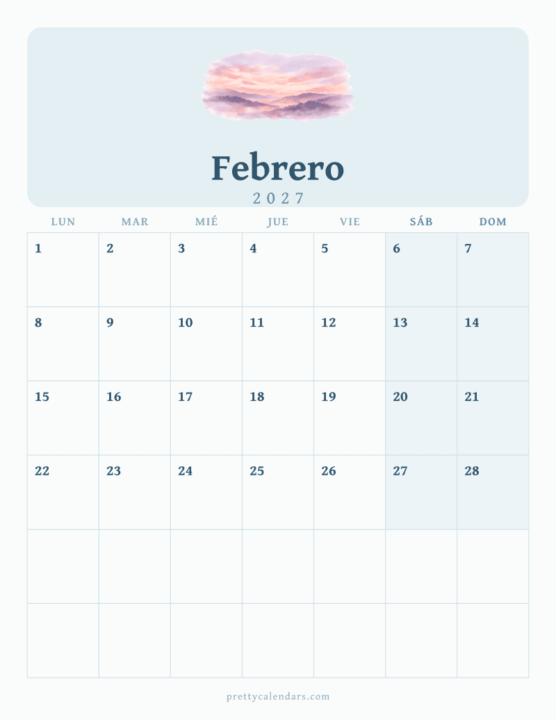 Calendario de Febrero 2027 para imprimir, estilo Acuarela