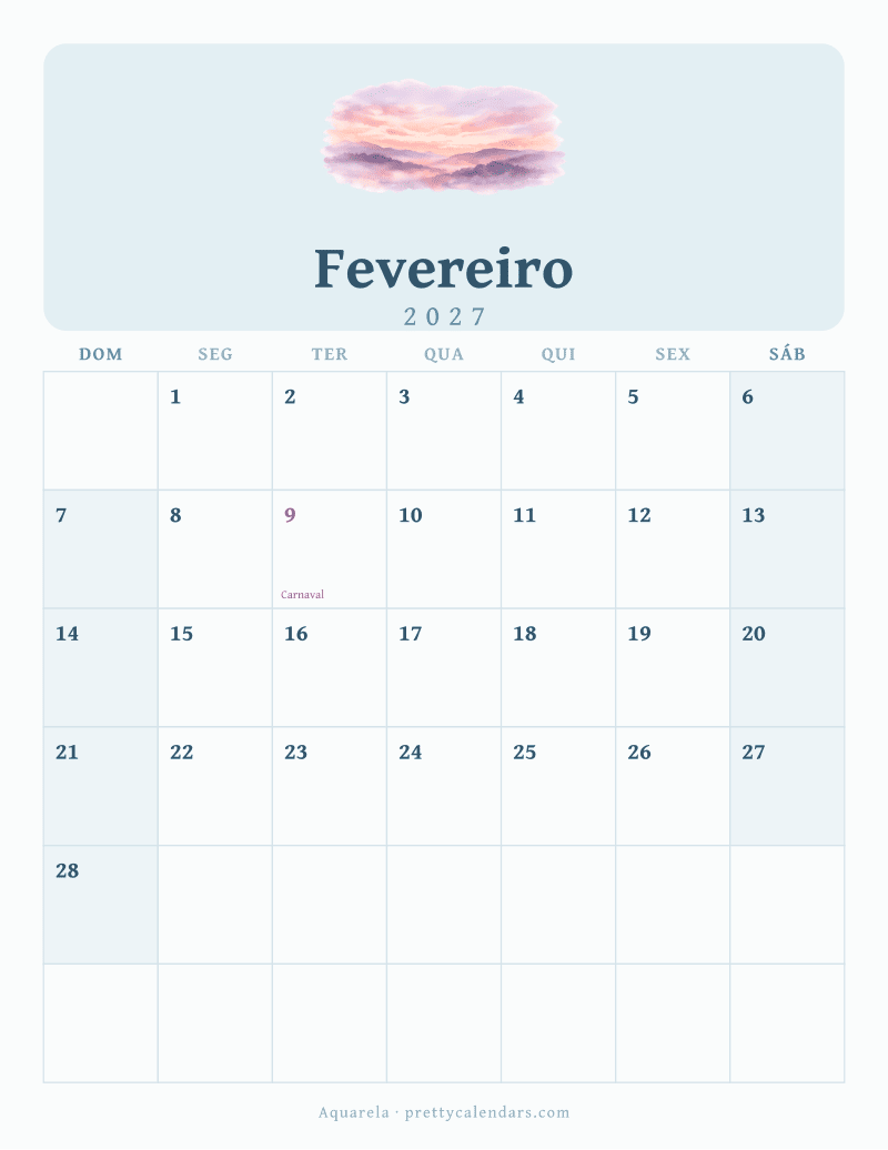 Calendário de Fevereiro de 2027 para imprimir, estilo Aquarela