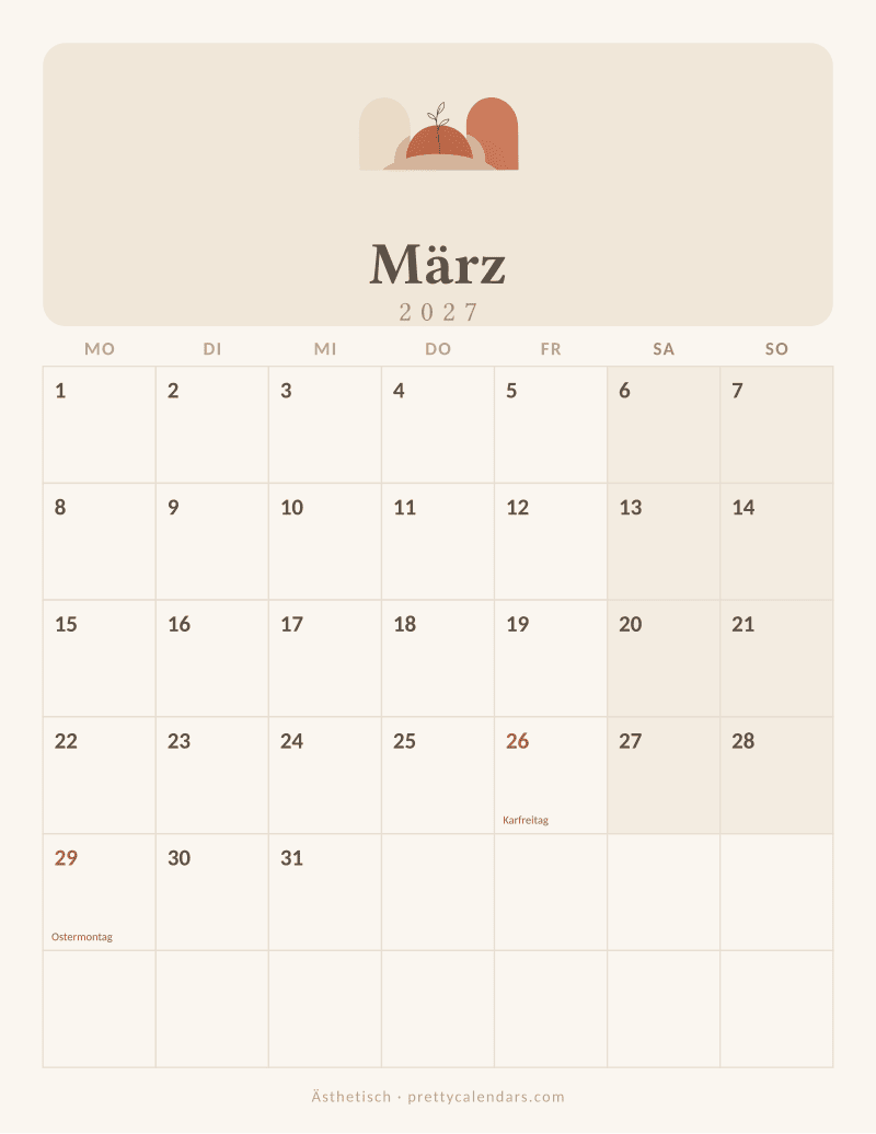 Druckbarer Kalender März 2027, Design Ästhetisch