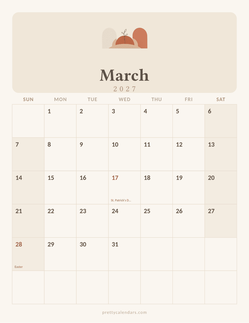 March 2027 printable calendar, Aesthetic style
