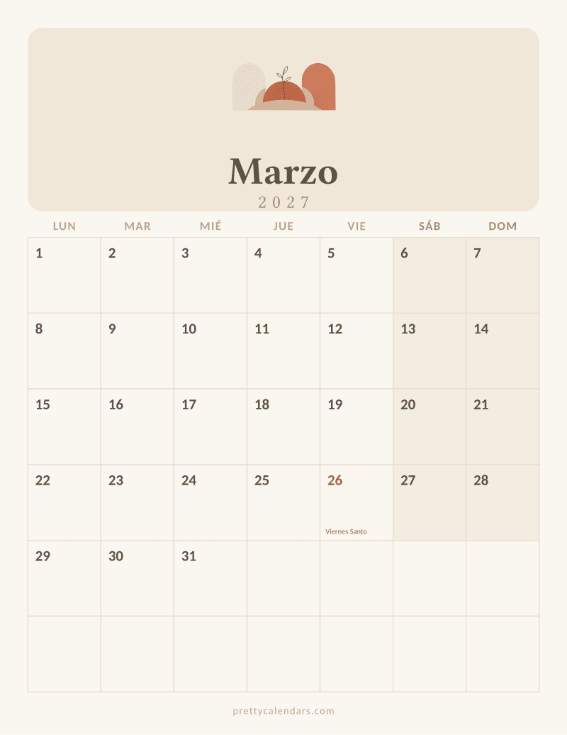Calendario de Marzo 2027 para imprimir, estilo Aesthetic