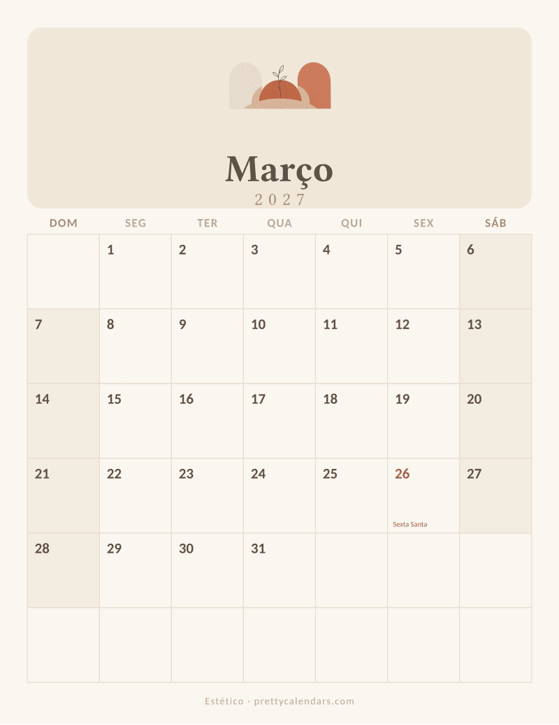 Calendário de Março de 2027 para imprimir, estilo Estético