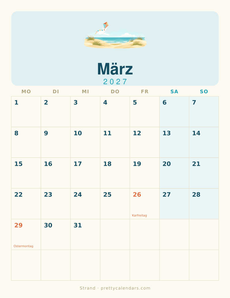 Druckbarer Kalender März 2027, Design Strand