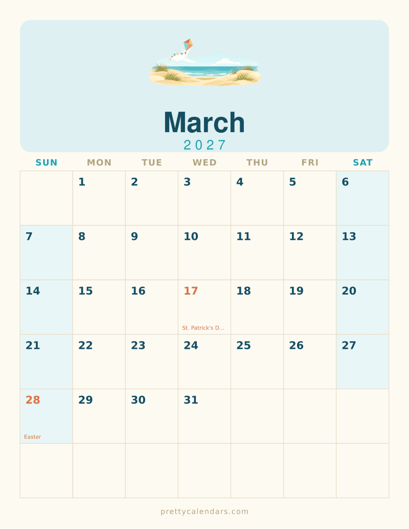March 2027 printable calendar, Beach style