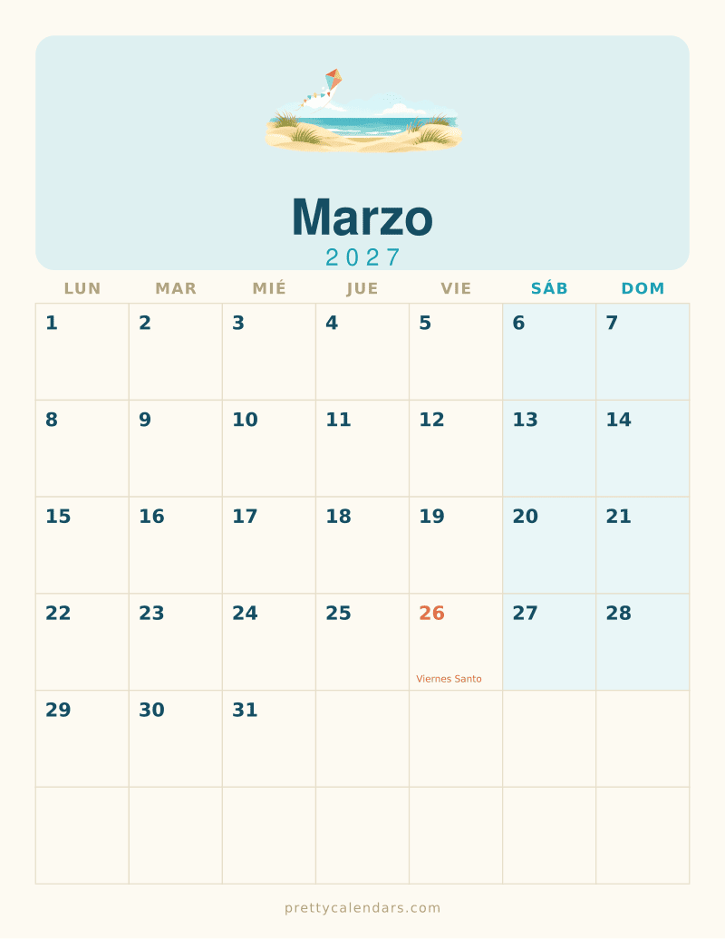 Calendario de Marzo 2027 para imprimir, estilo Playa