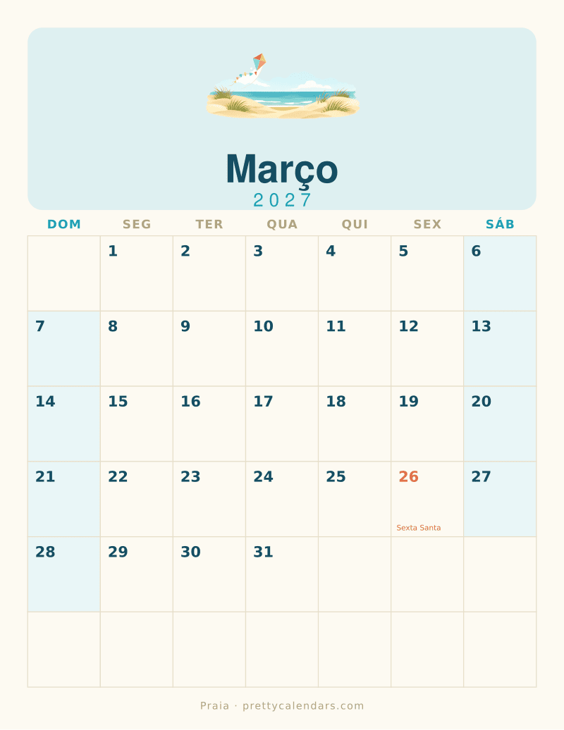 Calendário de Março de 2027 para imprimir, estilo Praia
