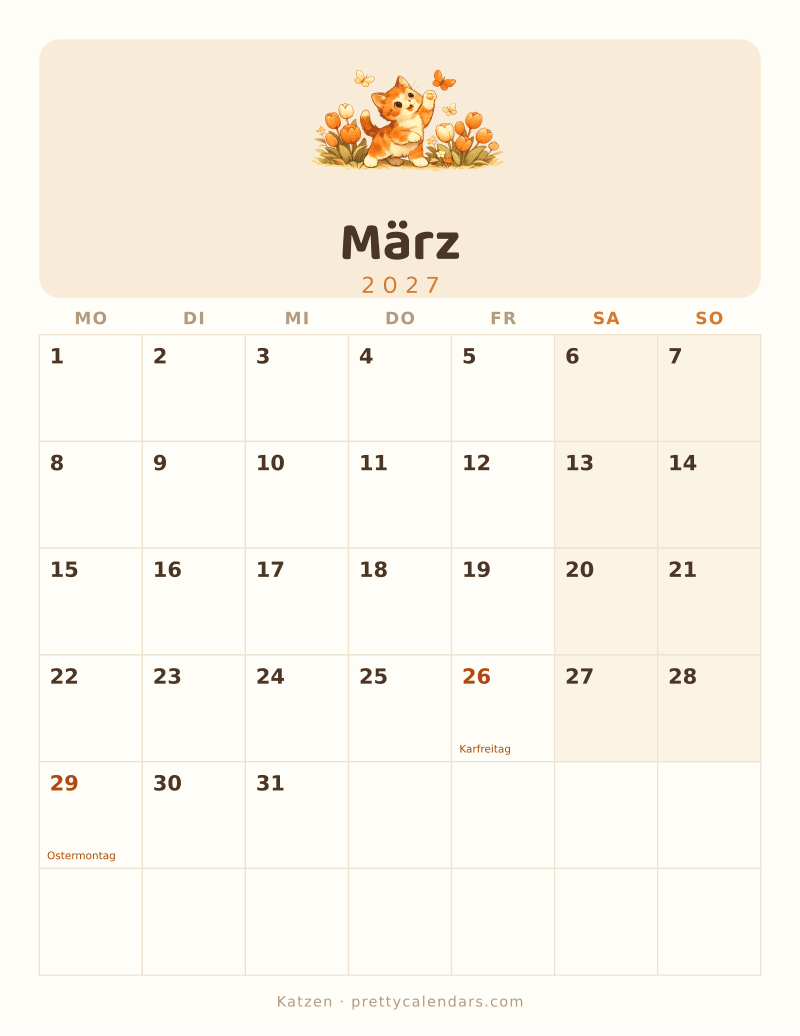 Druckbarer Kalender März 2027, Design Katzen