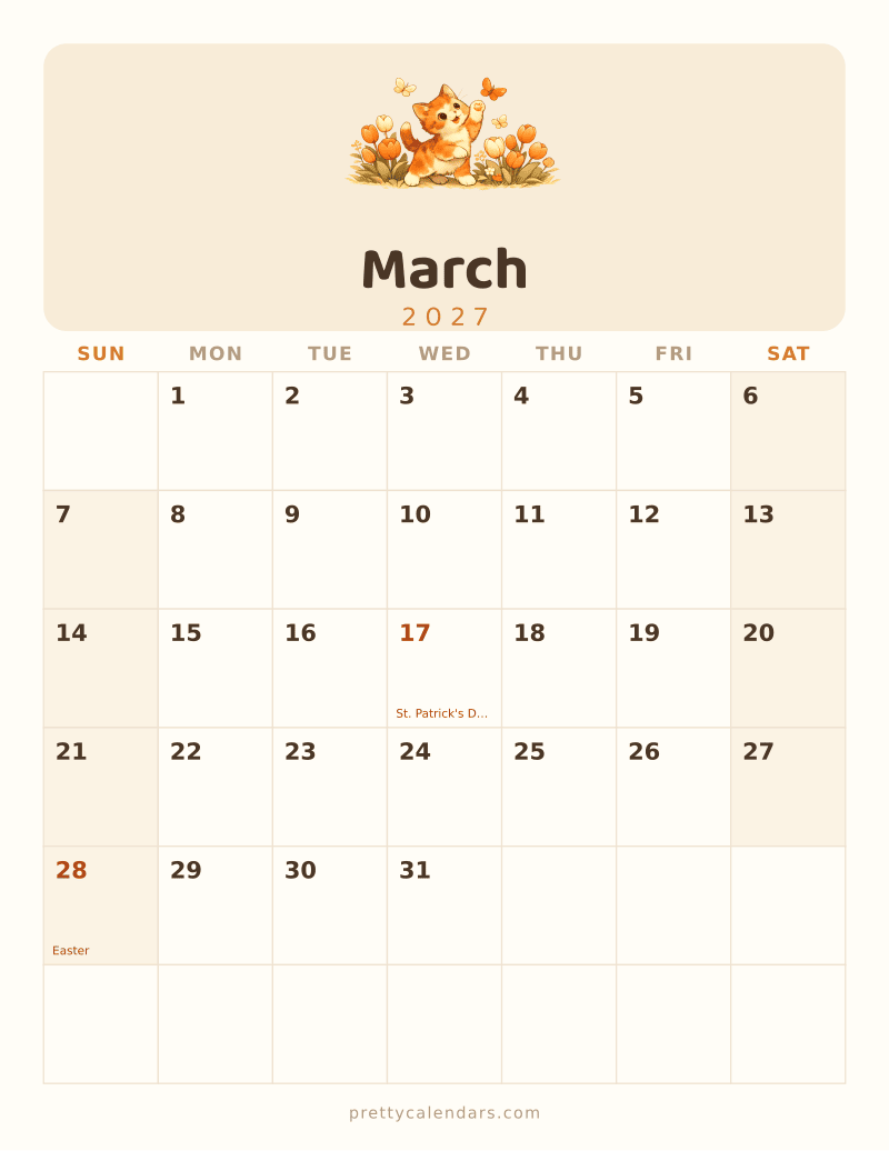 March 2027 printable calendar, Cat style