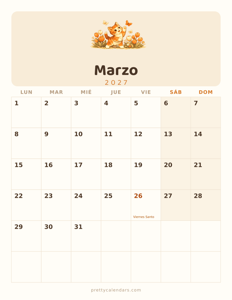 Calendario de Marzo 2027 para imprimir, estilo Gatos