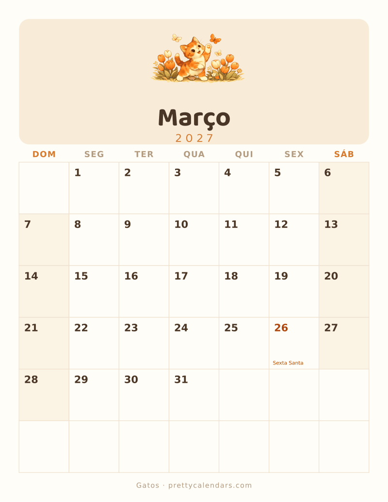 Calendário de Março de 2027 para imprimir, estilo Gatos