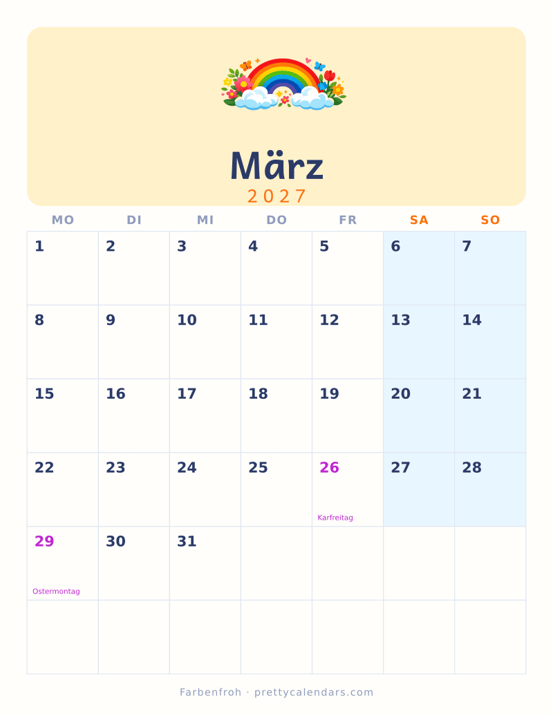 Druckbarer Kalender März 2027, Design Farbenfroh