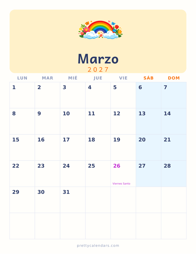 Calendario de Marzo 2027 para imprimir, estilo Colorido